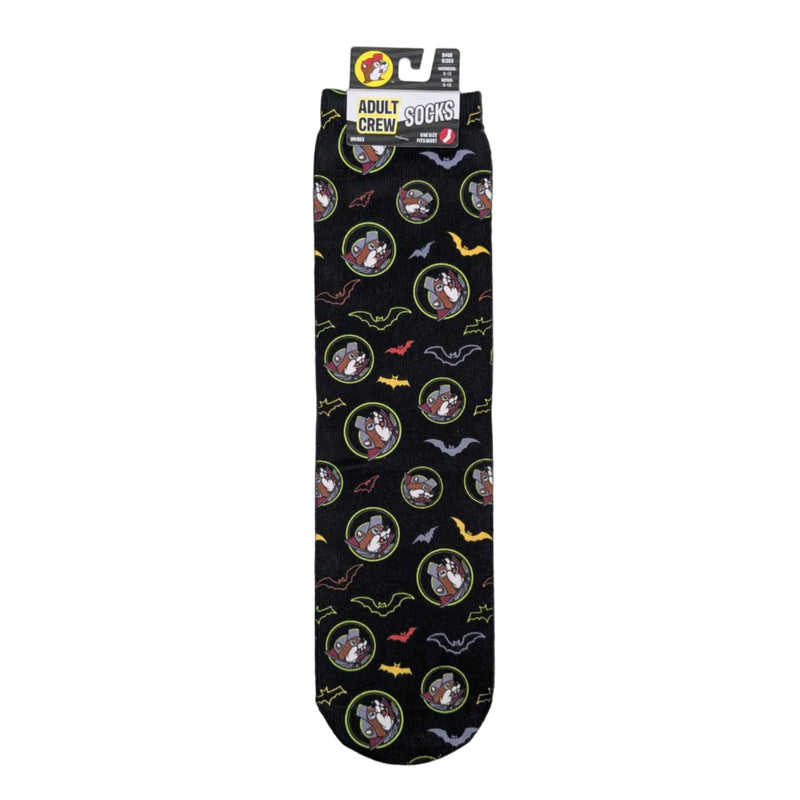 Buc-ee's Halloween crew sock in the Neon Bat style, featuring a black background pattern with Vampire Buc-ee logos and colorful bats.