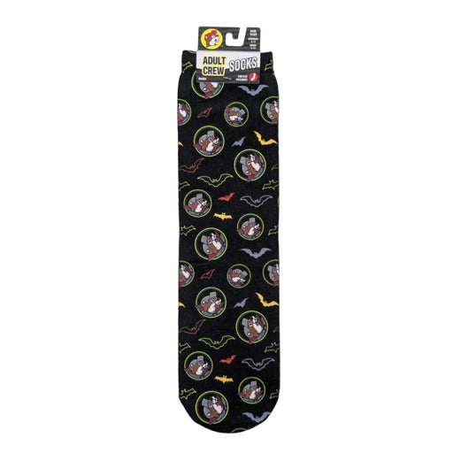 Buc-ee's Halloween Neon Bat crew sock with vampire Buc-ee the Beaver pattern, packaged