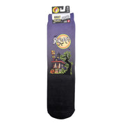 Buc-ee's Halloween crew sock in the Neon Tree style, featuring a purple gradient background with a haunted Buc-ee's store, glowing moon, and green spooky tree.