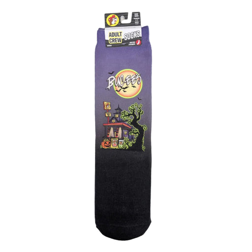 Buc-ee's Halloween crew sock in the Neon Tree style, featuring a purple gradient background with a haunted Buc-ee's store, glowing moon, and green spooky tree.