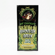 A single-serve Buc-ee's Halloween Ghoulish Green Color-Changing Hot Chocolate packet featuring Buc-ee the Beaver dressed as a vampire.