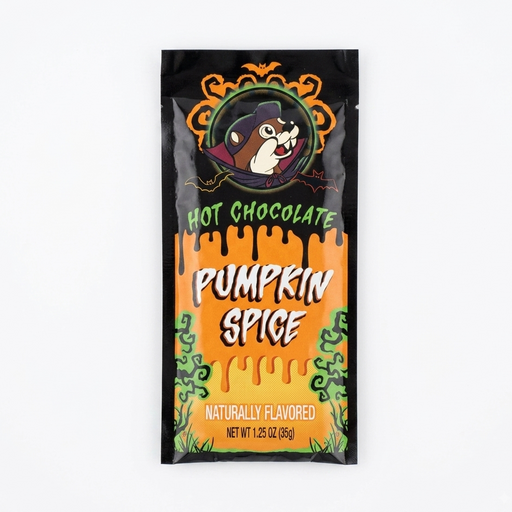 A single-serve Buc-ee's Halloween Pumpkin Spice Hot Chocolate packet in orange and black featuring Buc-ee the Beaver dressed as a vampire.