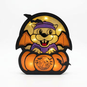 Illuminated Buc-ee's Halloween light-up sign featuring Buc-ee in bat wings emerging from a pumpkin.