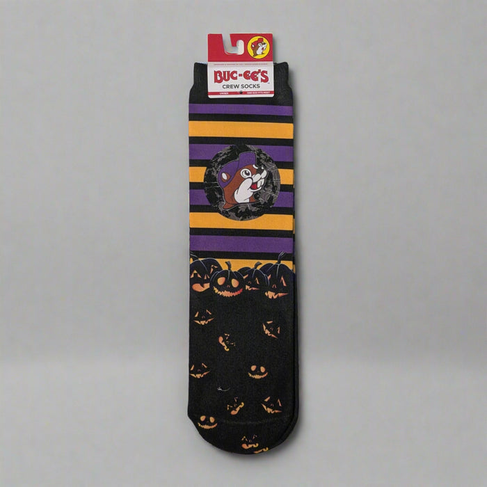 Buc-ee's Halloween Striped Socks. Crew length