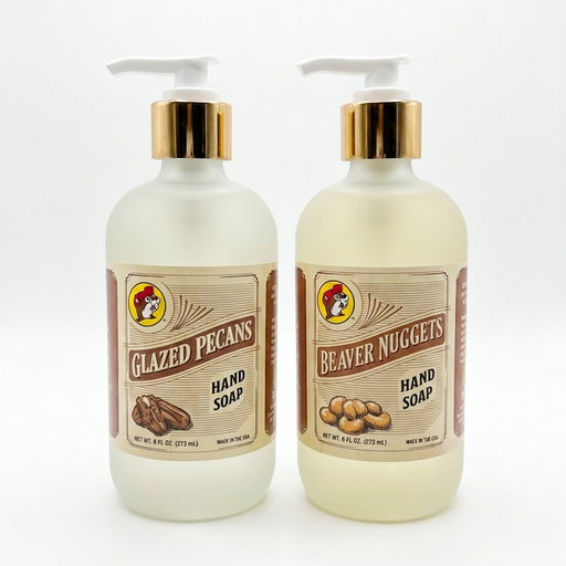 Two 8 oz frosted glass bottles of Buc-ee's Liquid Hand Soap standing side-by-side against a seamless white background. The bottle on the left features a vintage-style label for the "Glazed Pecans" scent, and the bottle on the right features a matching label for the "Beaver Nuggets" scent. Both containers are topped with white pump dispensers and shiny gold metallic accent collars.