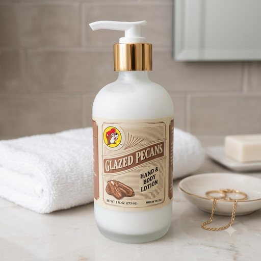A close-up lifestyle shot of a frosted glass bottle of Buc-ee's Glazed Pecans Hand & Body Lotion sitting on a marble bathroom counter. A neatly rolled white towel and a small gold jewelry dish are visible in the background against a light neutral tiled wall.