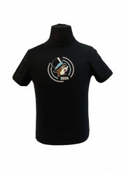 Black t-shirt with a graphic design on a white background