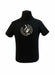 Black t-shirt with a graphic design on a white background