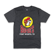 Buc-ee's Heather Charcoal Location Shirt Fort Worth, TX white background.