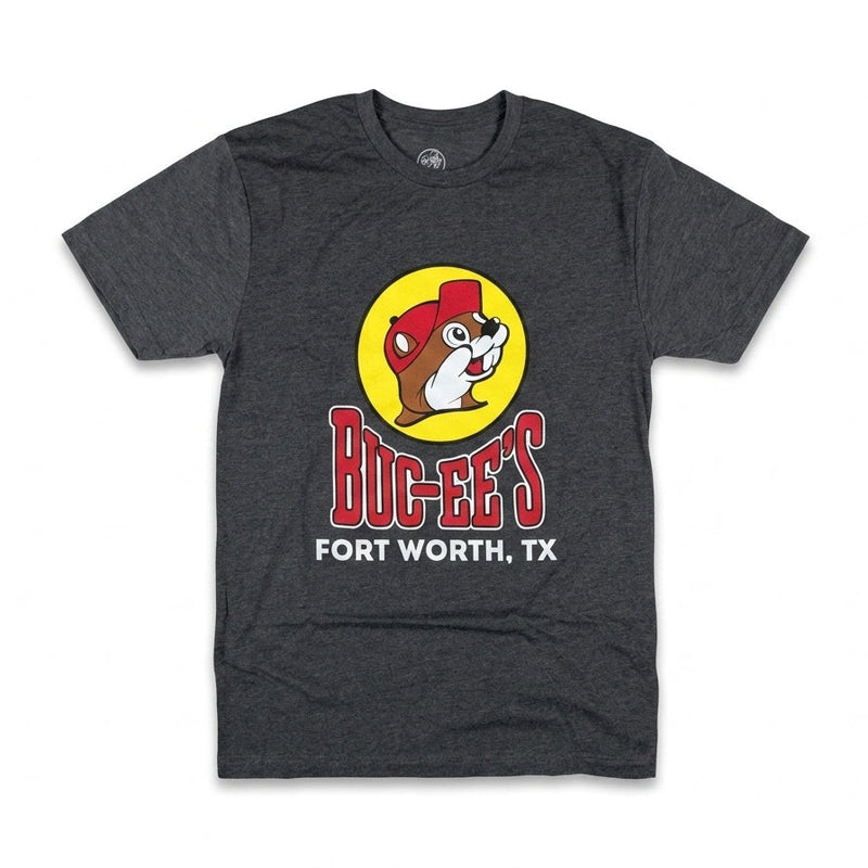 Buc-ee's Heather Charcoal Location Shirt Fort Worth, TX white background.