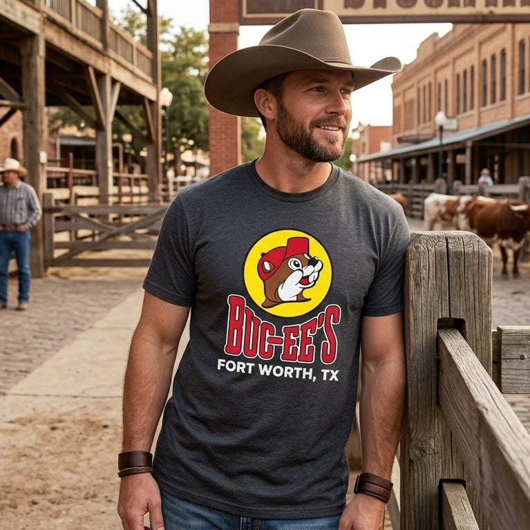 Buc-ee's Heather Charcoal Location Shirt Fort Worth, TX on a man in the stockyards.