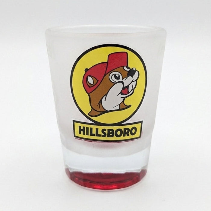 Buc-ee's Hillsboro Shot Glass classic white background. 