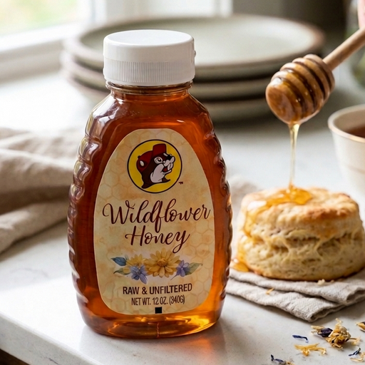 A bottle of Buc-ee's Wildflower Honey is on a kitchen counter with a hand drizzling honey from a honey dipper onto a biscuit. In the background there are plates and a cup of tea.
