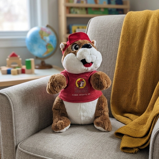 A close-up product photo of a Buc-ee’s beaver plushie sitting on a light gray, textured fabric armchair in a bright children’s room. The plushie has soft brown and white fur, a wide smile, and is wearing its signature red baseball cap and a red t-shirt that reads "HUBER HEIGHTS, OH" below the Buc-ee's logo. A mustard-yellow knit blanket is draped over the arm of the chair next to the plushie. The background is softly blurred, showing a wooden bookshelf with colorful books, a globe, and toy blocks. 