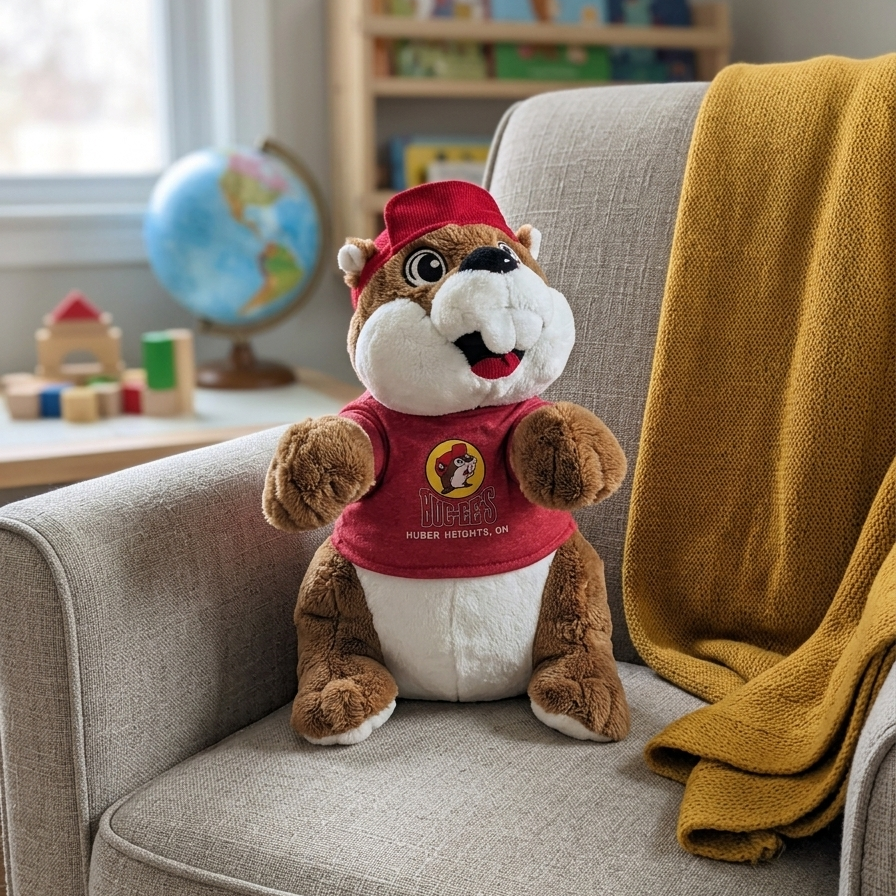 A close-up product photo of a Buc-ee’s beaver plushie sitting on a light gray, textured fabric armchair in a bright children’s room. The plushie has soft brown and white fur, a wide smile, and is wearing its signature red baseball cap and a red t-shirt that reads "HUBER HEIGHTS, OH" below the Buc-ee's logo. A mustard-yellow knit blanket is draped over the arm of the chair next to the plushie. The background is softly blurred, showing a wooden bookshelf with colorful books, a globe, and toy blocks. 