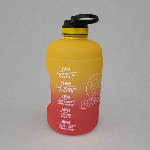 A 76 oz Buc-ee's hydration jug with a flip-up spout and handle, featuring a color gradient from orange to red and motivational phrases for each hour of the day.