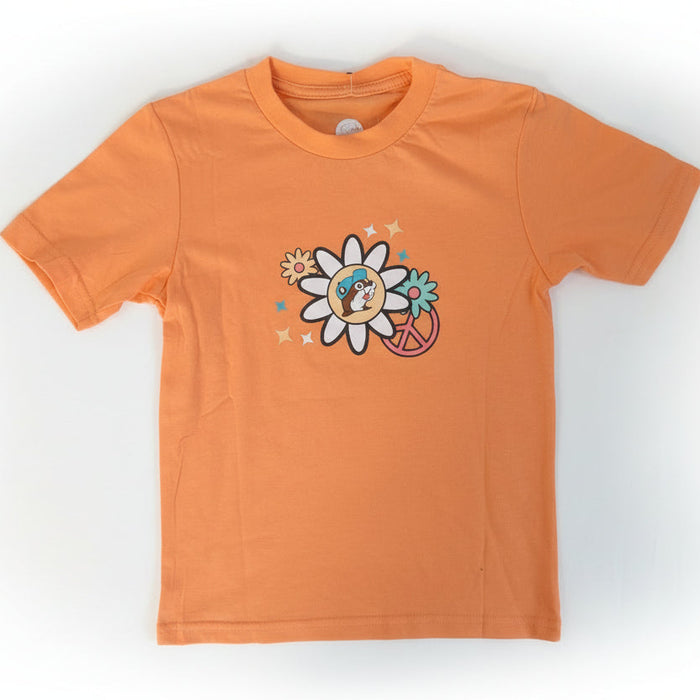 Buc-ee's "I Deserve A Little Treat" Coral Shirt Youth Front View. Floral and peace sign. 