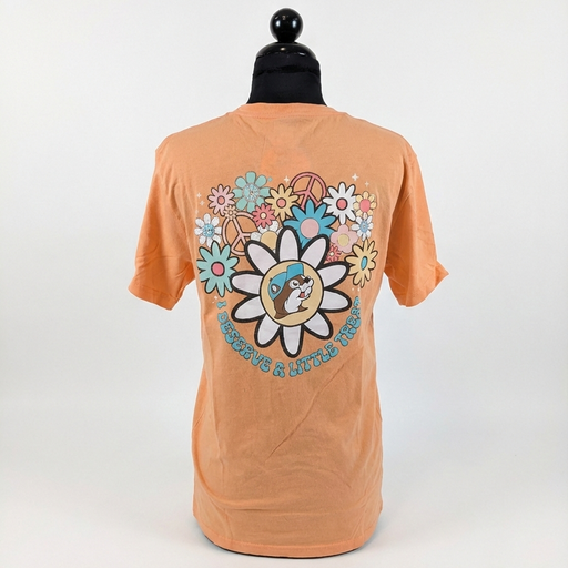 Back view of a coral Buc-ee's t-shirt on a mannequin, featuring a large retro daisy graphic