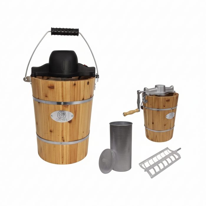 A product showcase of a Buc-ee’s ice cream maker set against a white background. The image includes a large wooden bucket with an electric motor, a smaller wooden bucket with a manual hand crank, a metal freezing canister with its lid, and a white plastic dasher.
