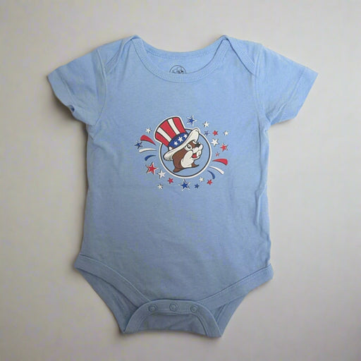 Buc-ee's 4th of July Shirt "Sweet Land of Liberty". Baby blue with logo on the front with the "Sweet land of Liberty" on the back with Buc-ee on a tube in the summer time.