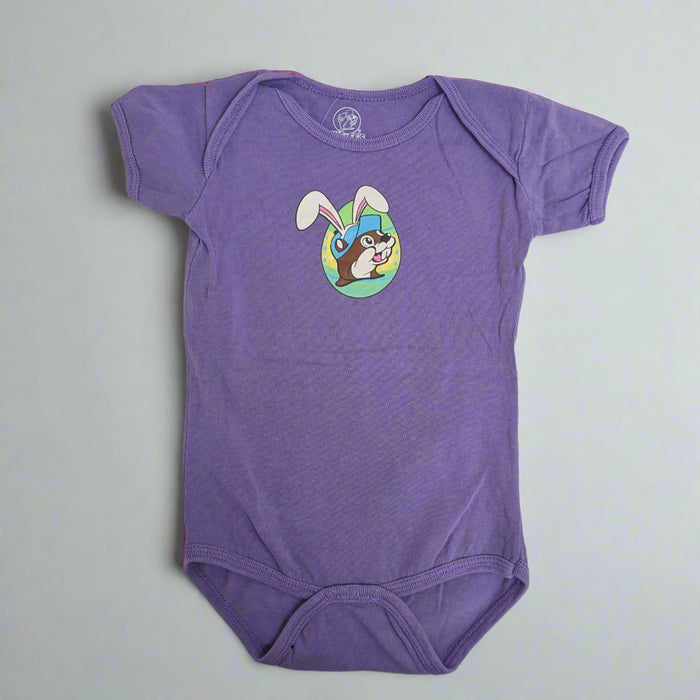 Buc-ee's Infant Easter Shirt purple with a easter bunny Buc-ee on the front. 