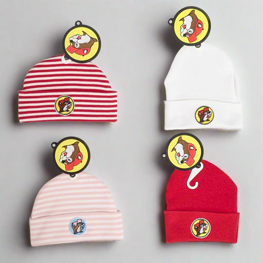 Buc-ee's Infant Knit Caps. 4 colors. Red, white, pink striped, and red striped. 