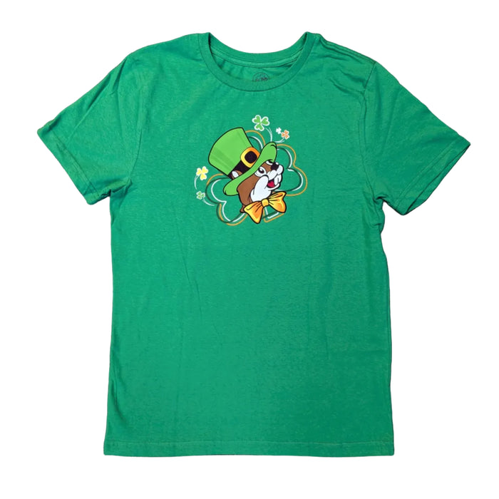 A bright green short-sleeved t-shirt displayed on a clean white background. The center graphic features the Buc-ee's beaver mascot wearing a green leprechaun hat with a gold buckle and a yellow bow tie, set against a large shamrock outline.