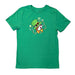 A bright green short-sleeved t-shirt displayed on a clean white background. The center graphic features the Buc-ee's beaver mascot wearing a green leprechaun hat with a gold buckle and a yellow bow tie, set against a large shamrock outline.
