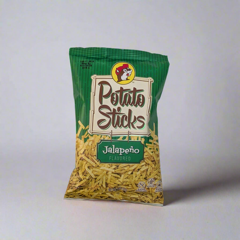 Buc-ee's Jalapeno Potato Sticks in a green bag.