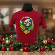 Buc-ee's "Jingle All The Way" Christmas Shirt in red featuring Buc-ee in a Santa hat on the front and a sleigh design