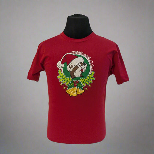 Buc-ee's "Jingle All The Way" Christmas Shirt in red featuring Buc-ee in a Santa hat on the front and a sleigh design