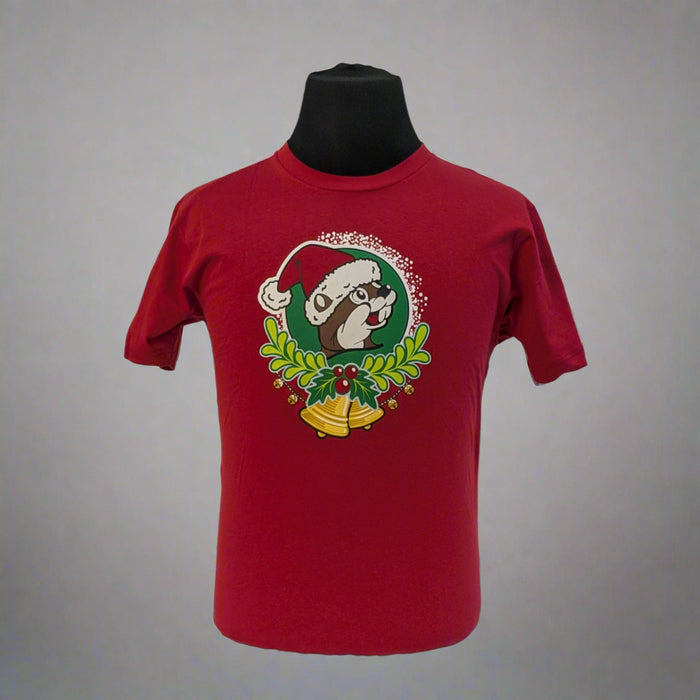 Buc-ee's "Jingle All The Way" Christmas Shirt in red featuring Buc-ee in a Santa hat on the front and a sleigh design
