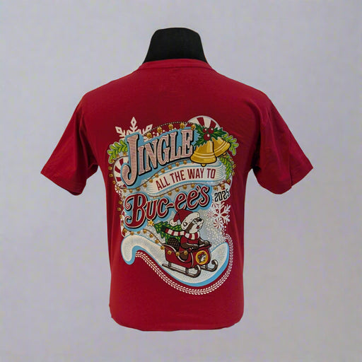 Buc-ee’s “Jingle All The Way” 2025 Christmas Shirt in red featuring Buc-ee in a Santa hat with the slogan “Jingle All The Way to Buc-ee’s 2025” on the back.