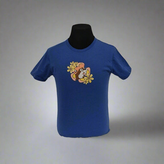 Buc-ee's "Just a girl who loves Buc-ee's" Shirt Front. Blue with Buc-ee's and yellow flowers.