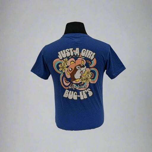 Buc-ee's "Just a girl who loves Buc-ee's" shirt back. The saing with flowers and Buc-ee beaver on the back. 