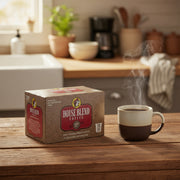A box of Buc-ee's 12 K-Cups House Blend Medium Roast Coffee with a brown and white color scheme and coffee bean patterns