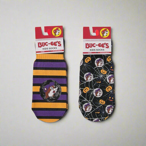 Buc-ee's Kid Halloween Socks. Spiderweb socks and striped socks all Halloween colors. 