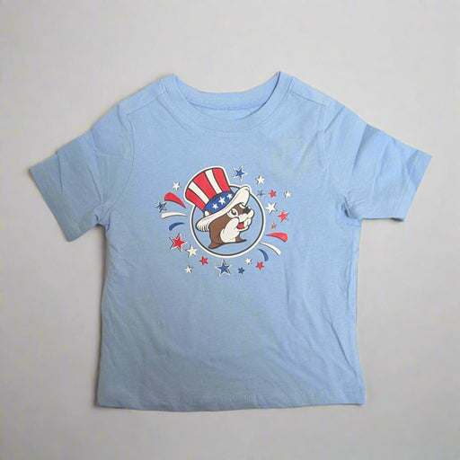 Buc-ee's 4th of July Shirt "Sweet Land of Liberty". Baby blue with logo on the front with the "Sweet land of Liberty" on the back with Buc-ee on a tube in the summer time.
