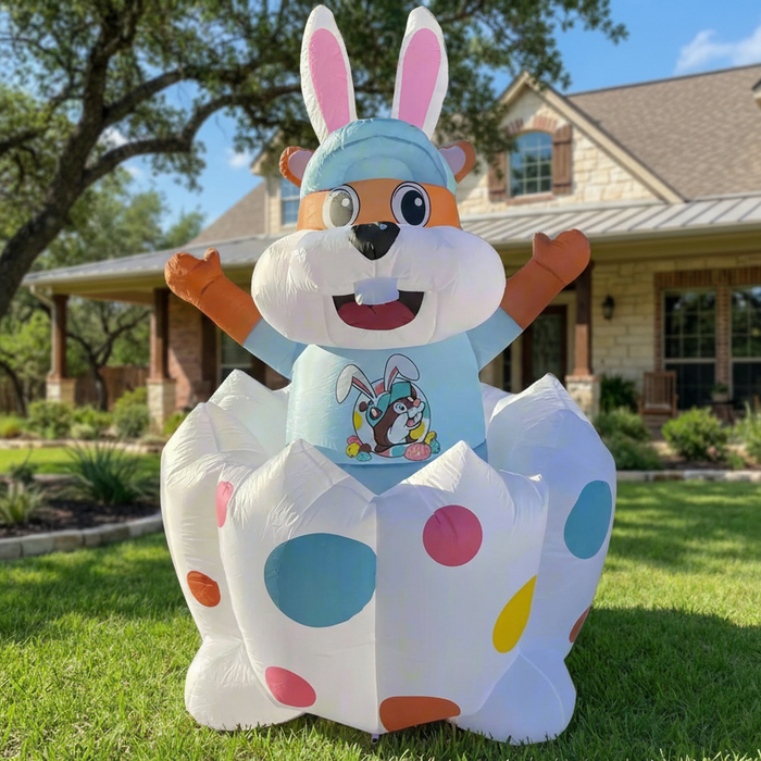 Inflatable Easter bunny decoration in front of a house