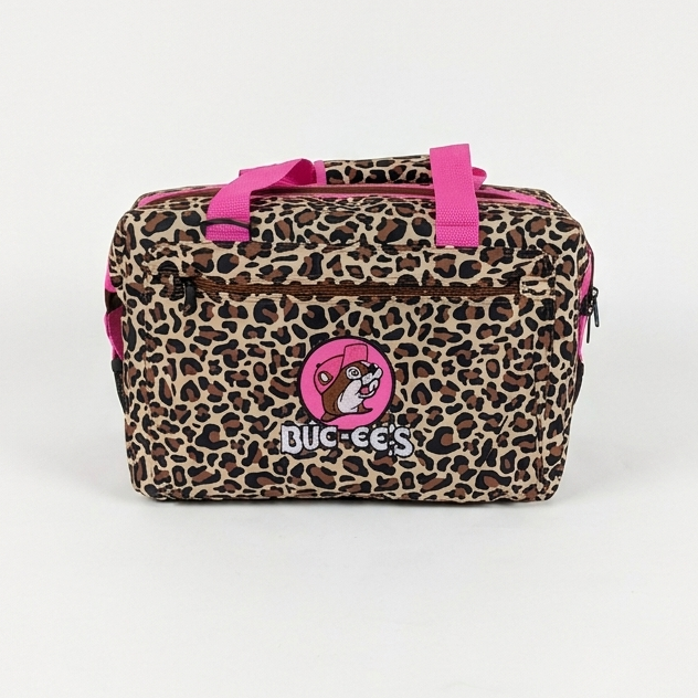 Buc-ee's Leopard 24 Can Cooler front view