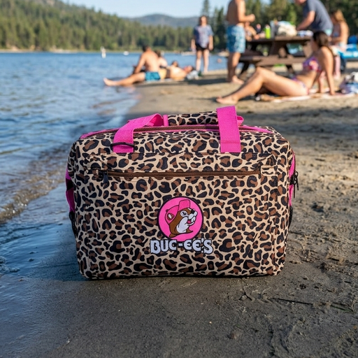 Buc-ee's Leopard 24 Can Cooler on the shore of a lake.