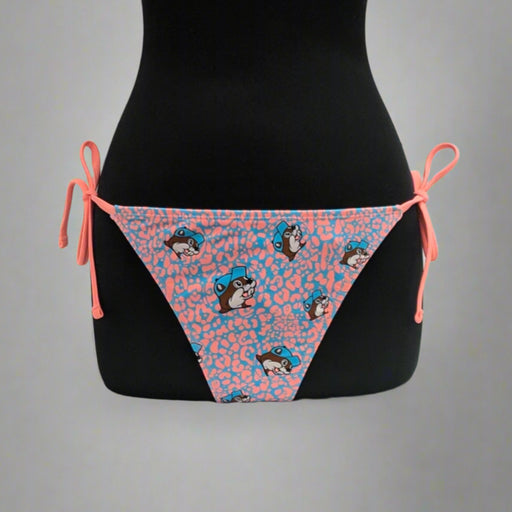 Buc-ee's pink and blue leopard side-tie bikini bottoms on a dress form