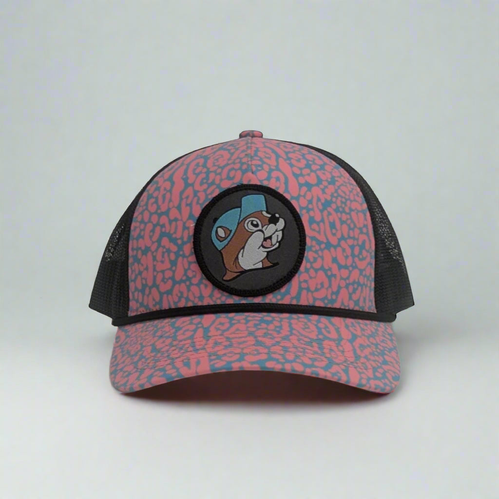 Buc-ee's Leopard Love Trucker Hat. The pink and blue leopard print with the Buc-ee's logo on the front. 