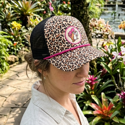 Buc-ee's Leopard Trucker Hat in a botanical garden.