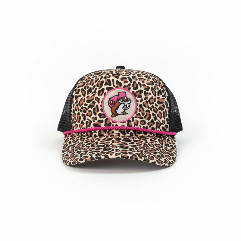 Buc-ee's Leopard Trucker Hat classic white background.