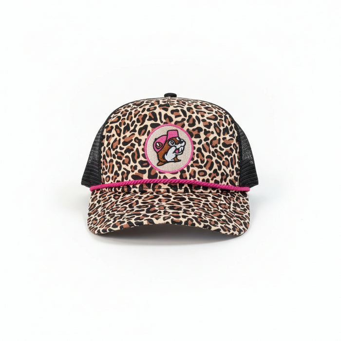 Buc-ee's Leopard Trucker Hat classic white background.