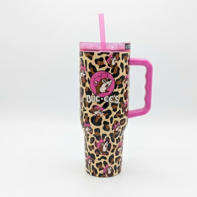 Buc-ee's Leopard Tumbler front view.