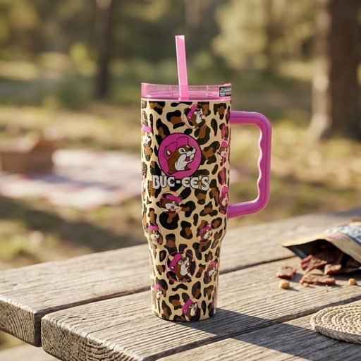 Buc-ee's Leopard Tumbler on a picnic table.