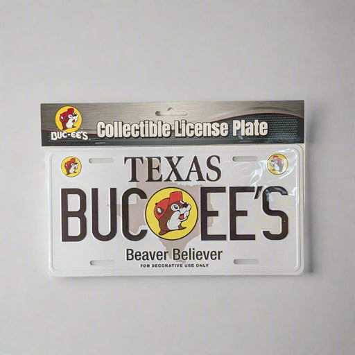 Texas Buc-ee's Beaver Believer License Plate for collectors. It's white with black lettering with a Buc-ee's Logo in the center. 