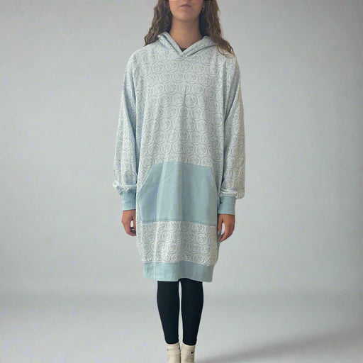 Light blue  hoodie that goes past the knees. Meant for a comfy sweatshirt. Has a front hoodie pocket and its light blue with the Buc-ee' s logo all over it. 